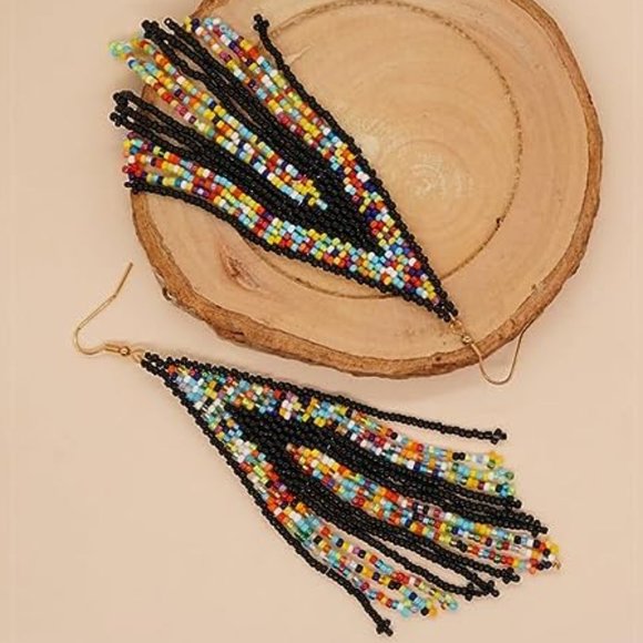 Long 5" Multicolor Black Stripe Handmade Beaded Oversized Statement Earrings New - Picture 4 of 5